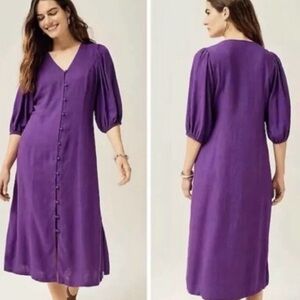 J.Jill Purple Midi Long Sleeve Button Front Linen Blend Dress Sz Small